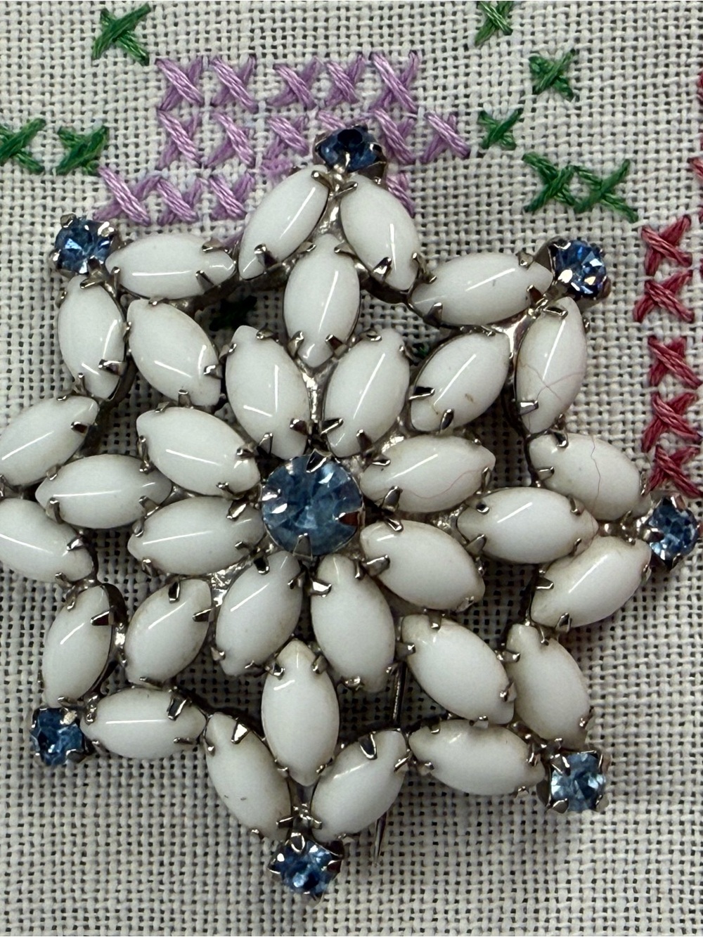 Vintage White and Light Blue Floral Statement Brooch - Unbranded